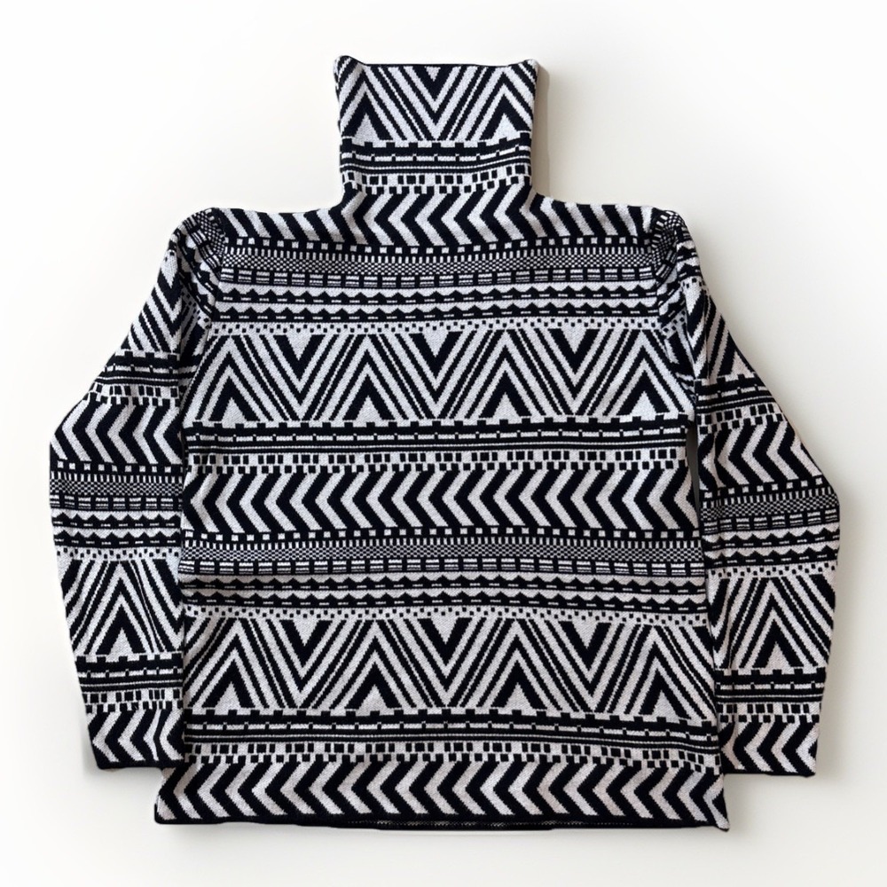 Vtg Style Black White Geometric Aztec‎ Knit Turtleneck Sweater XL Cozy Fair Isle